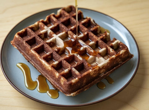 Pouring maple syrup over a freshly cooked, square chocolate chip protein waffle served on a light blue round plate.